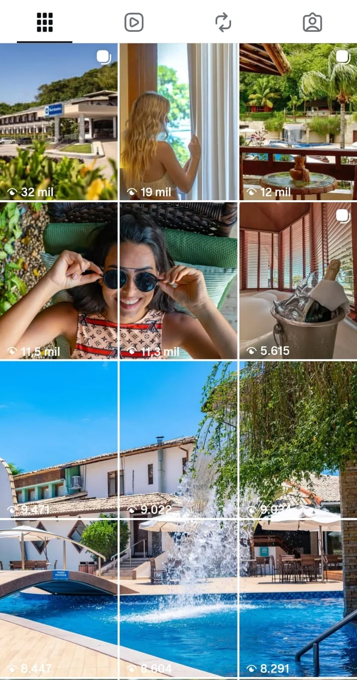 Grade de publicações do perfil do Shalimar Praia Hotel no Instagram, doze fotos: a fachada, hóspedes, a piscina, a varanda. Sobre cada foto, o alcance: 32 mil, 19 mil, 12 mil, 11,5 mil, 11,3 mil, 5.615, e as demais entre 8 e 9 mil.