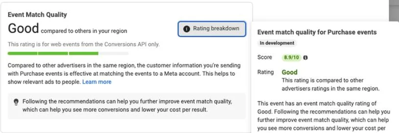 Gerenciador de Eventos do Meta, qualidade do evento de compra: Event Match Quality Good, compared to others in your region — this rating is for web events from the Conversions API only. Ao lado, o detalhamento: score 8.9 de 10, rating Good.